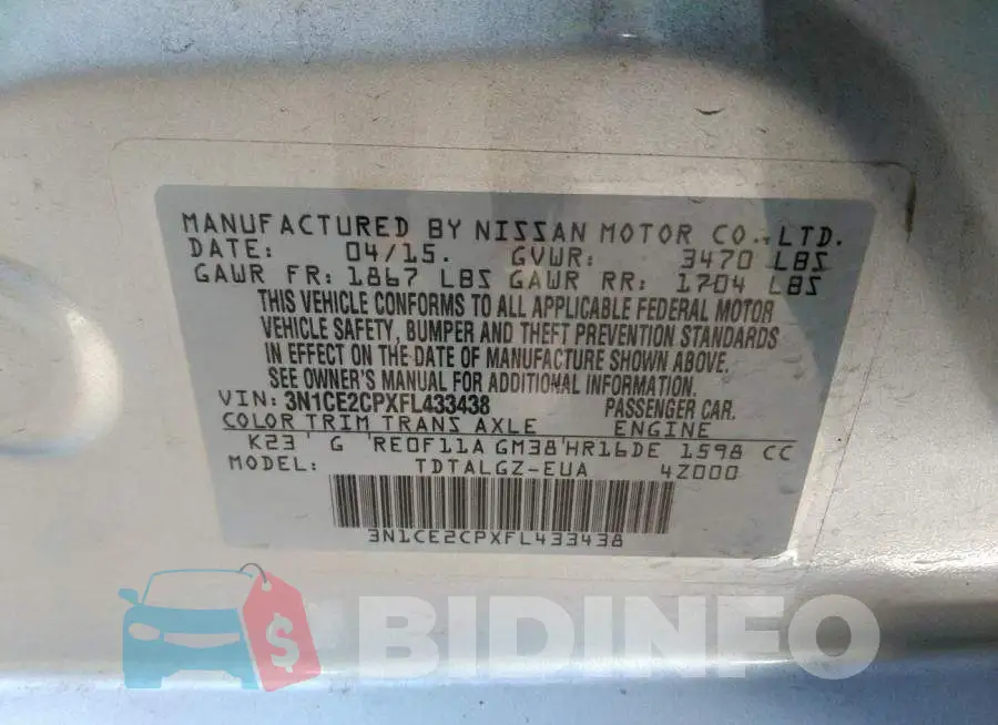 3N1CE2CPXFL433438 Photo# 9