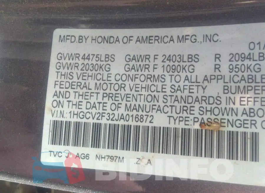 1HGCV2F32JA016872 Photo# 9