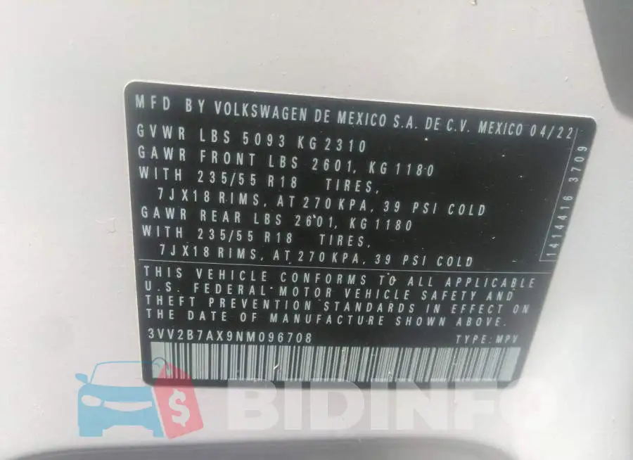 3VV2B7AX9NM096708 Photo# 9