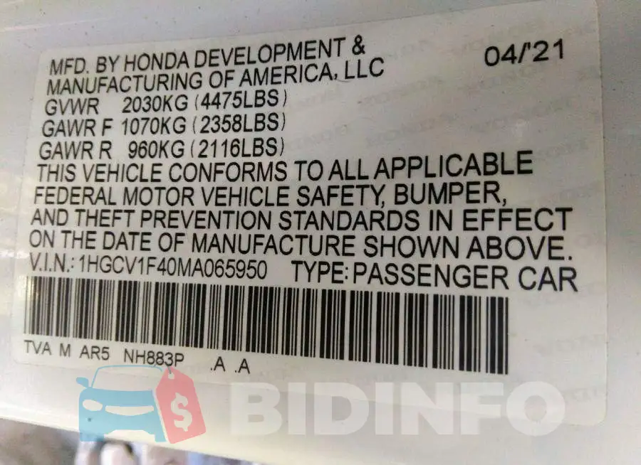 1HGCV1F40MA065950 Photo# 9