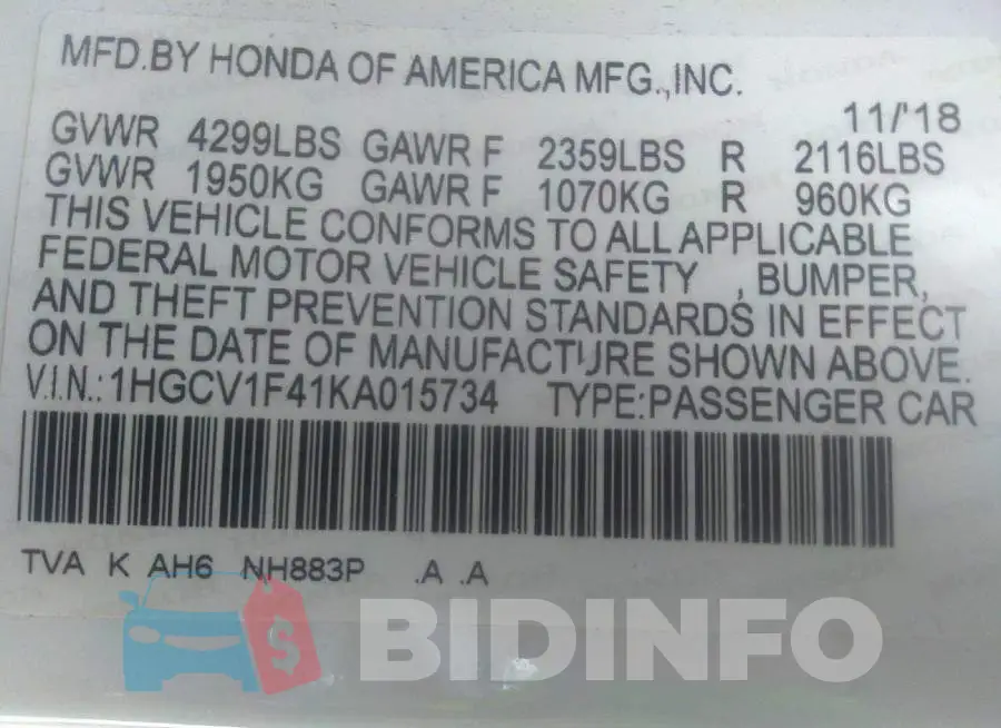 1HGCV1F41KA015734 Photo# 9