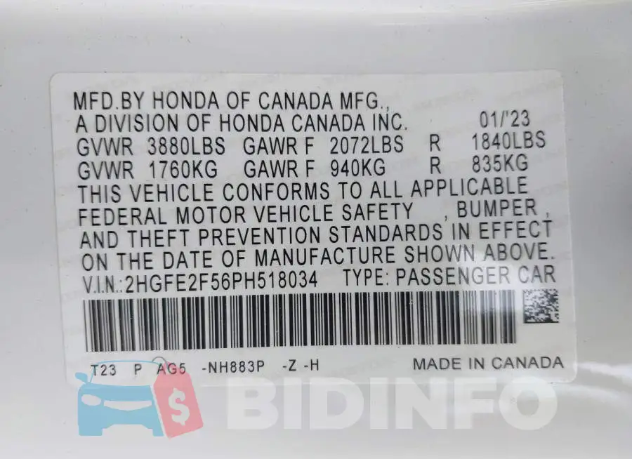 2HGFE2F56PH518034 Photo# 9