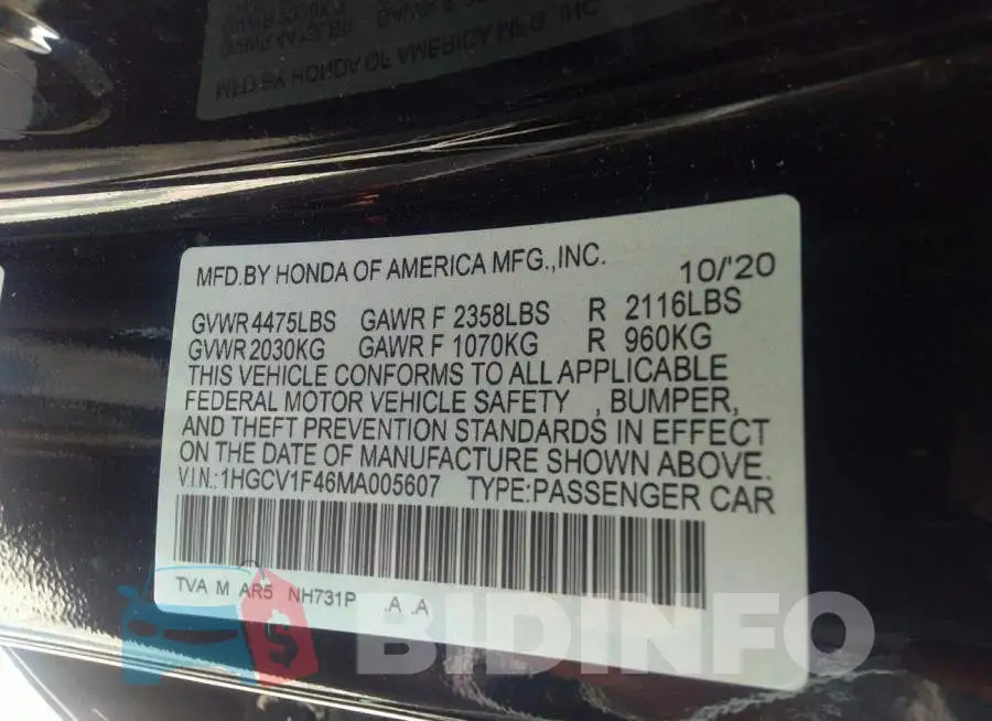 1HGCV1F46MA005607 Photo# 9