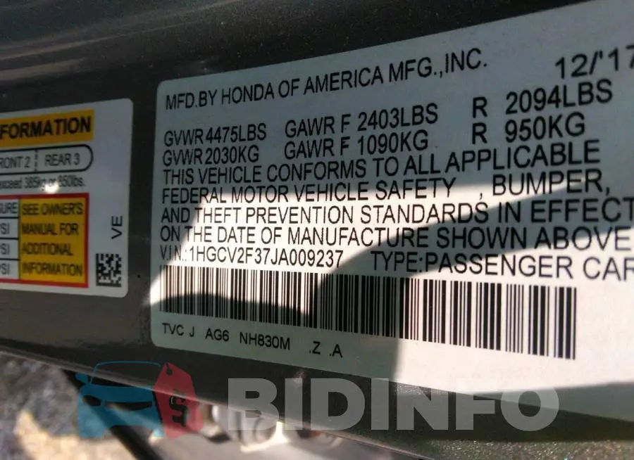 1HGCV2F37JA009237 Photo# 9