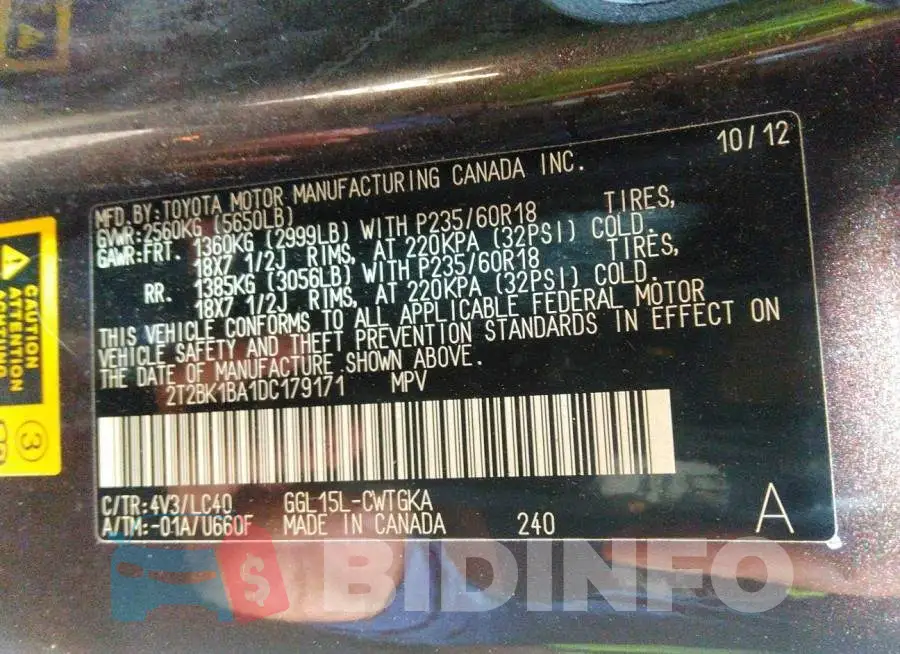 2T2BK1BA1DC179171 Photo# 9