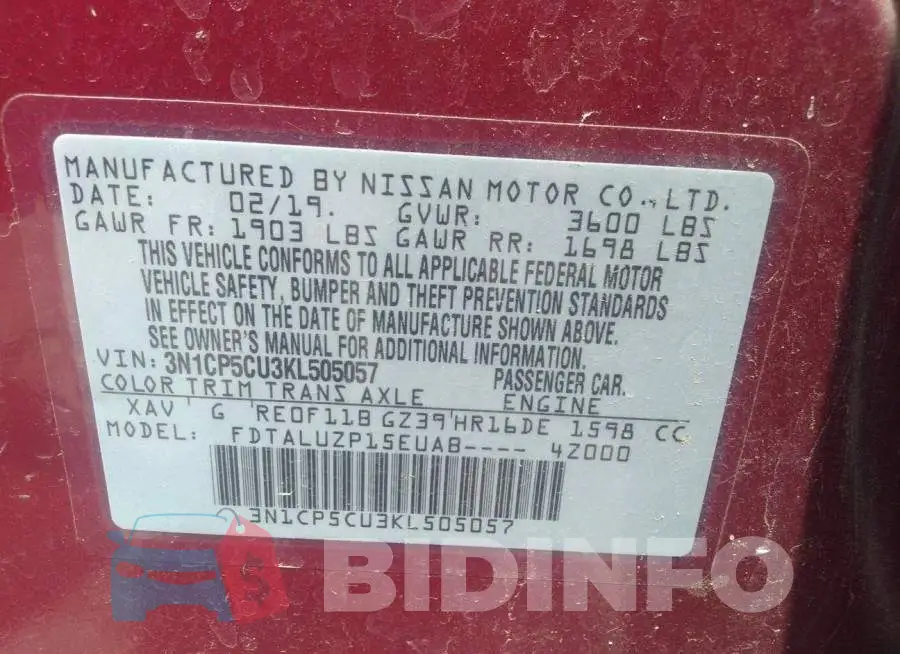 3N1CP5CU3KL505057 Photo# 9