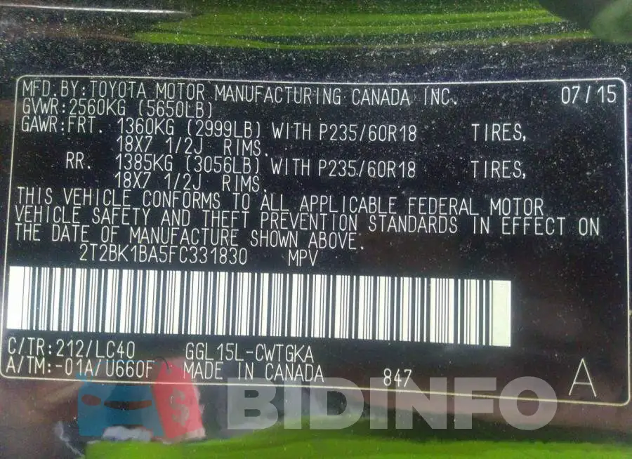 2T2BK1BA5FC331830 Photo# 9