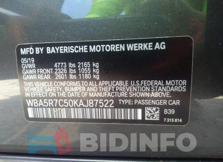 WBA5R7C50KAJ87522 Photo# 9