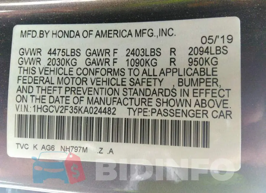 1HGCV2F35KA024482 Photo# 9