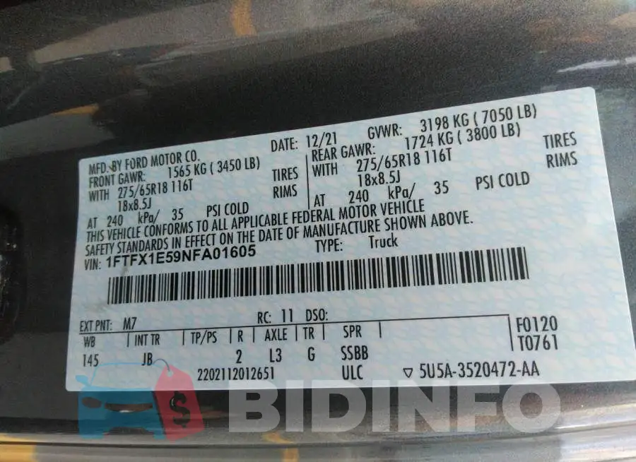 1FTFX1E59NFA01605 Photo# 9
