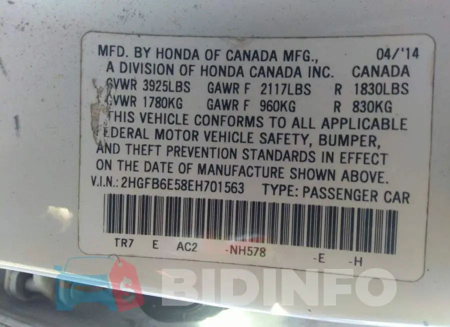 2HGFB6E58EH701563 Photo# 9