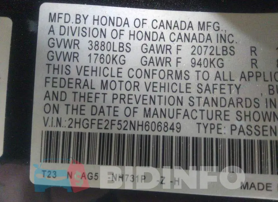 2HGFE2F52NH606849 Photo# 9