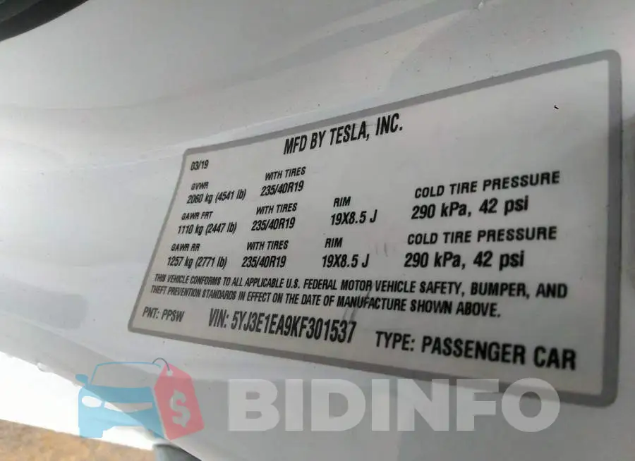 5YJ3E1EA9KF301537 Photo# 9