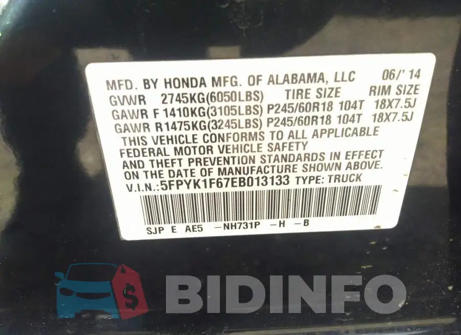 5FPYK1F67EB013133 Photo# 9
