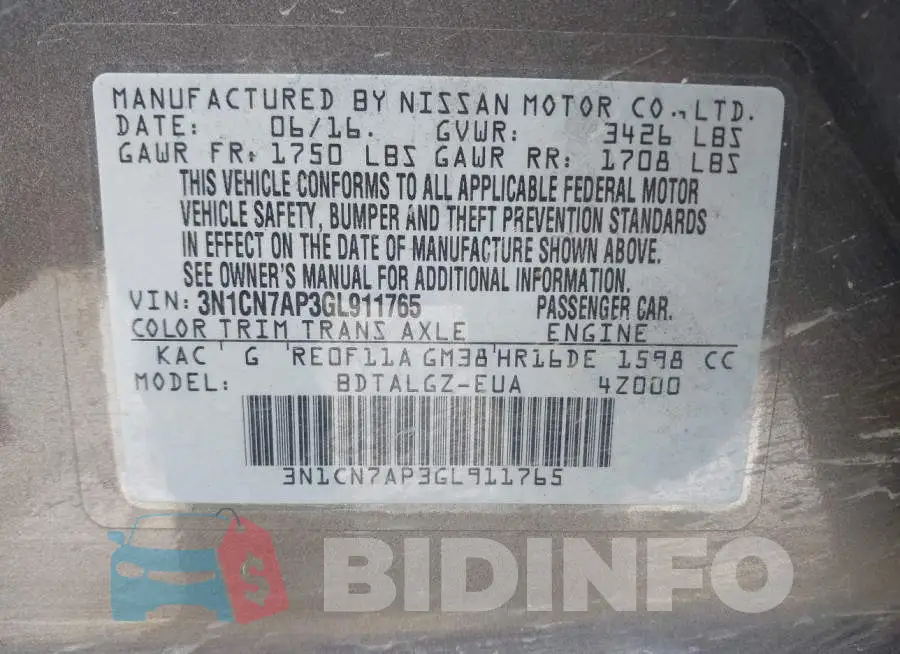 3N1CN7AP3GL911765 Photo# 9