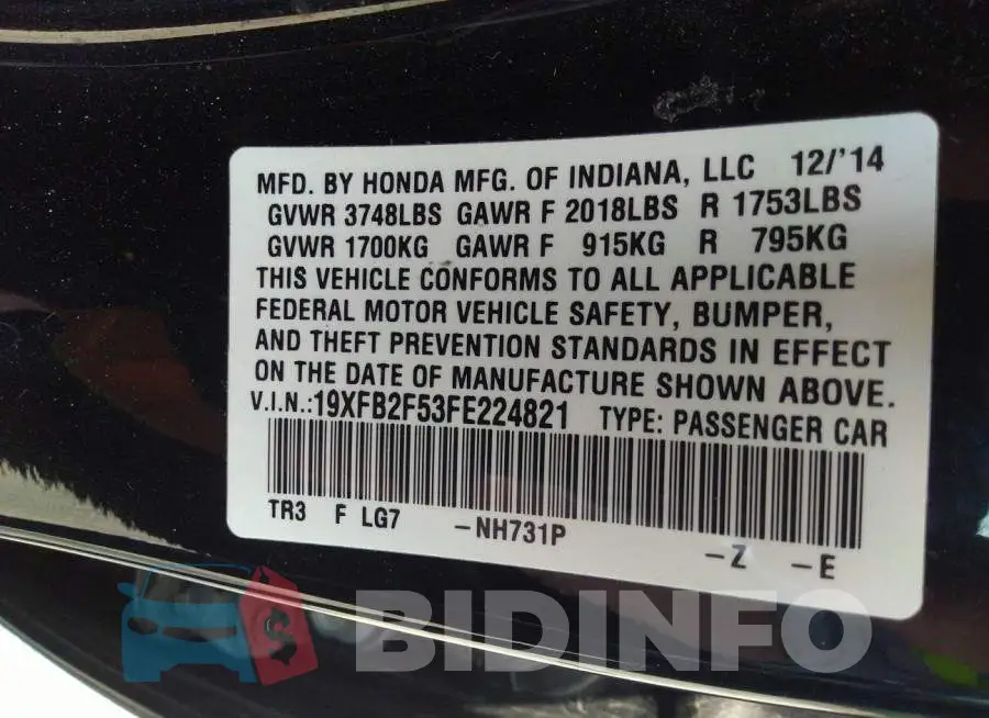 19XFB2F53FE224821 Photo# 9