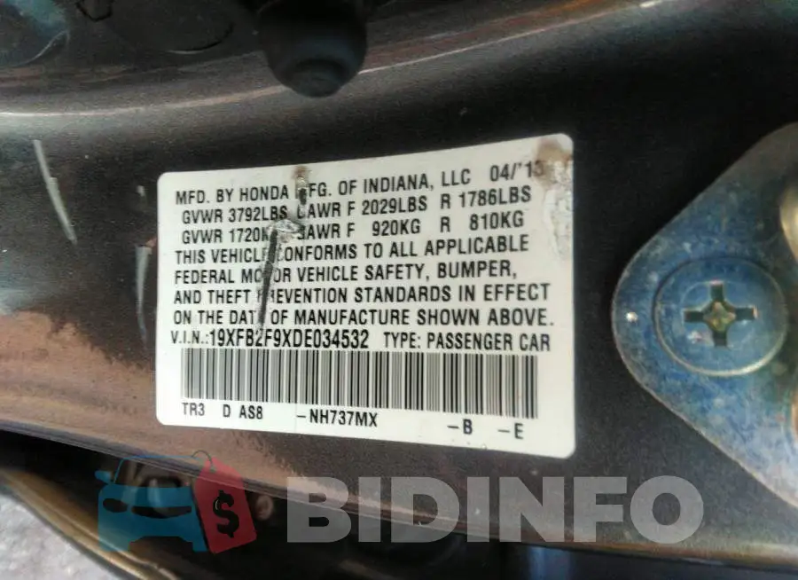 19XFB2F9XDE034532 Photo# 9