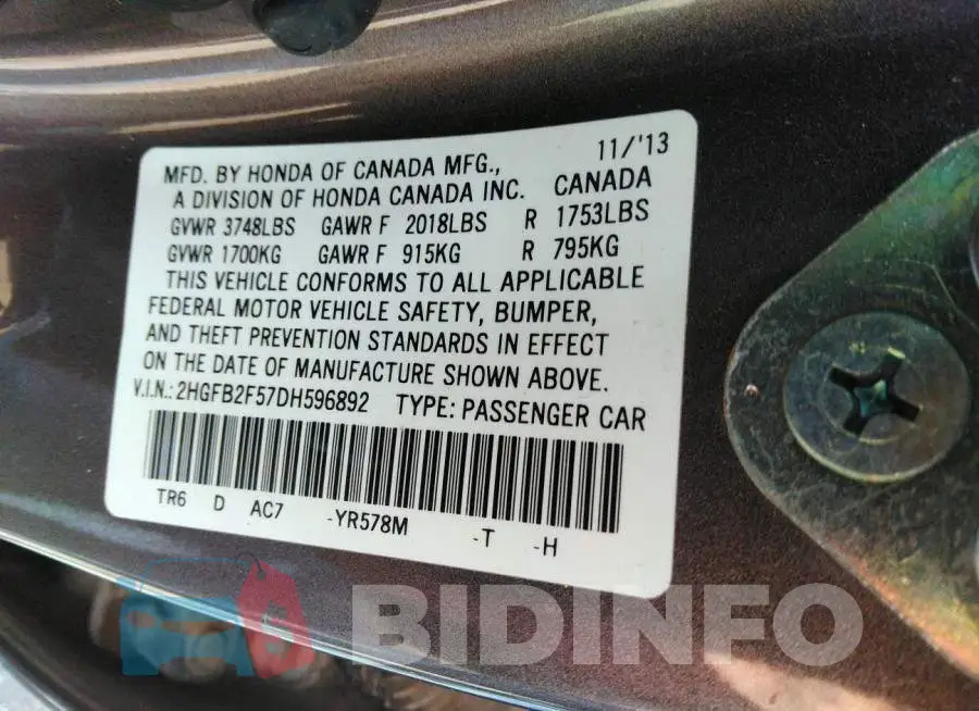 2HGFB2F57DH596892 Photo# 9