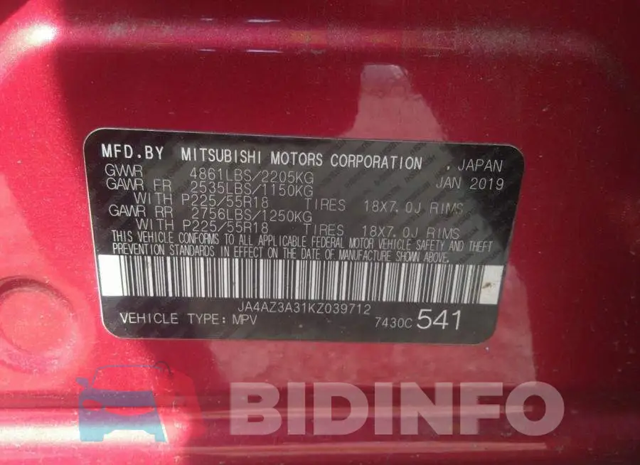 JA4AZ3A31KZ039712 Photo# 9