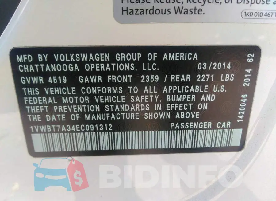 1VWBT7A34EC091312 Photo# 9