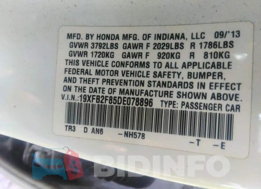 19XFB2F85DE078896 Photo# 9