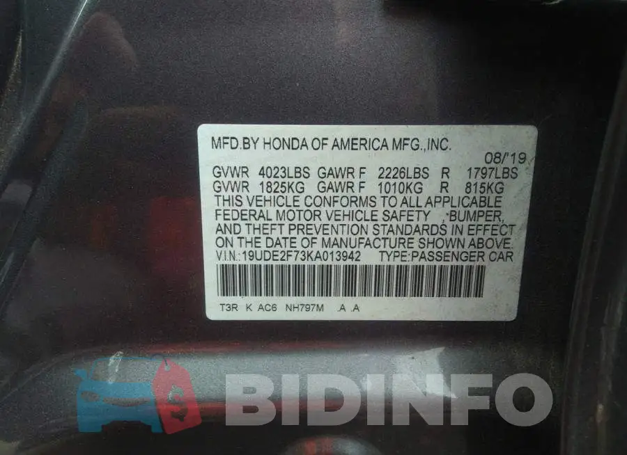 19UDE2F73KA013942 Photo# 9