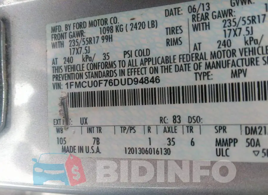 1FMCU0F76DUD94846 Photo# 9