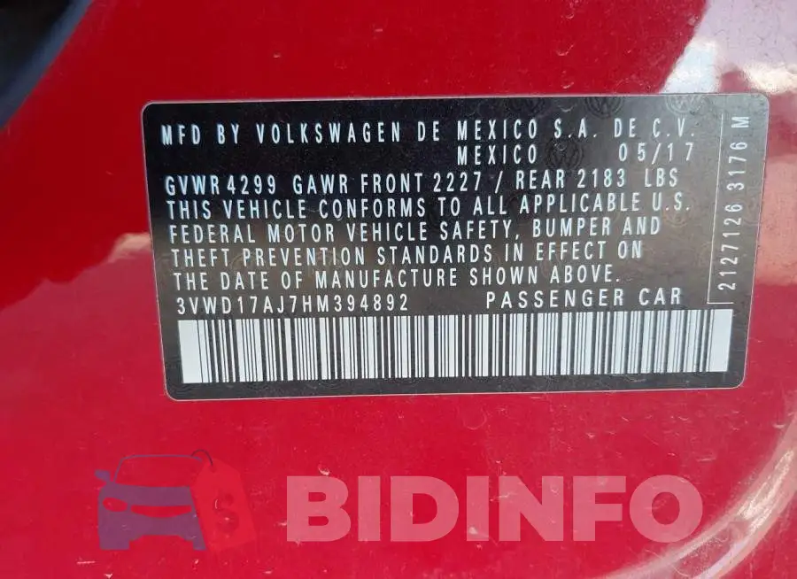 3VWD17AJ7HM394892 Photo# 9