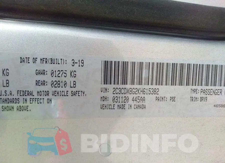 2C3CDXBG2KH615382 Photo# 9