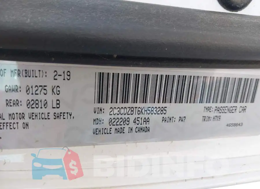 2C3CDZBT6KH583285 Photo# 9