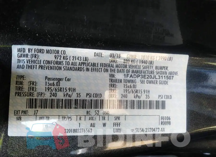 1FADP3E20JL311507 Photo# 9