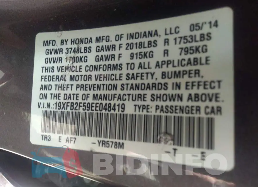 19XFB2F59EE048419 Photo# 9