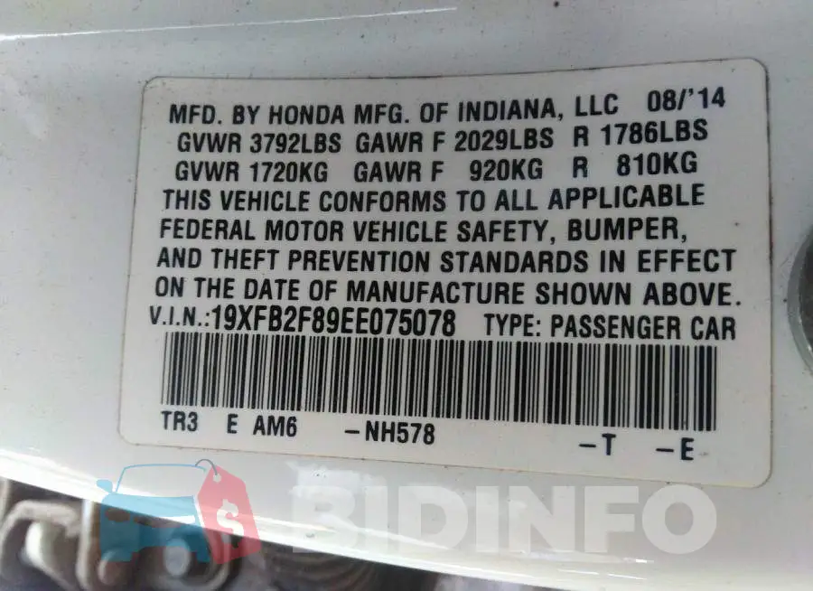 19XFB2F89EE075078 Photo# 9