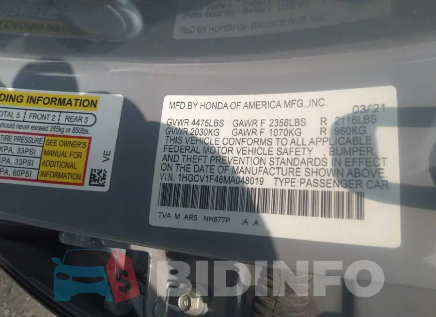 1HGCV1F46MA048019 Photo# 9
