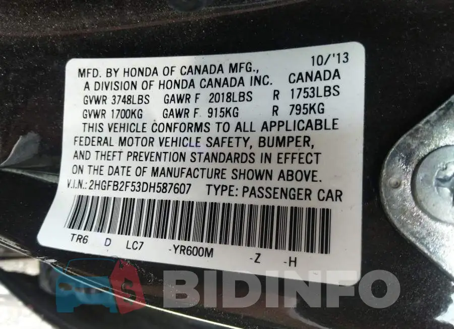2HGFB2F53DH587607 Photo# 9