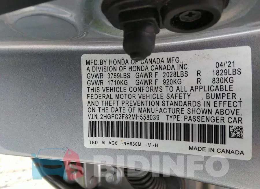 2HGFC2F82MH558039 Photo# 9