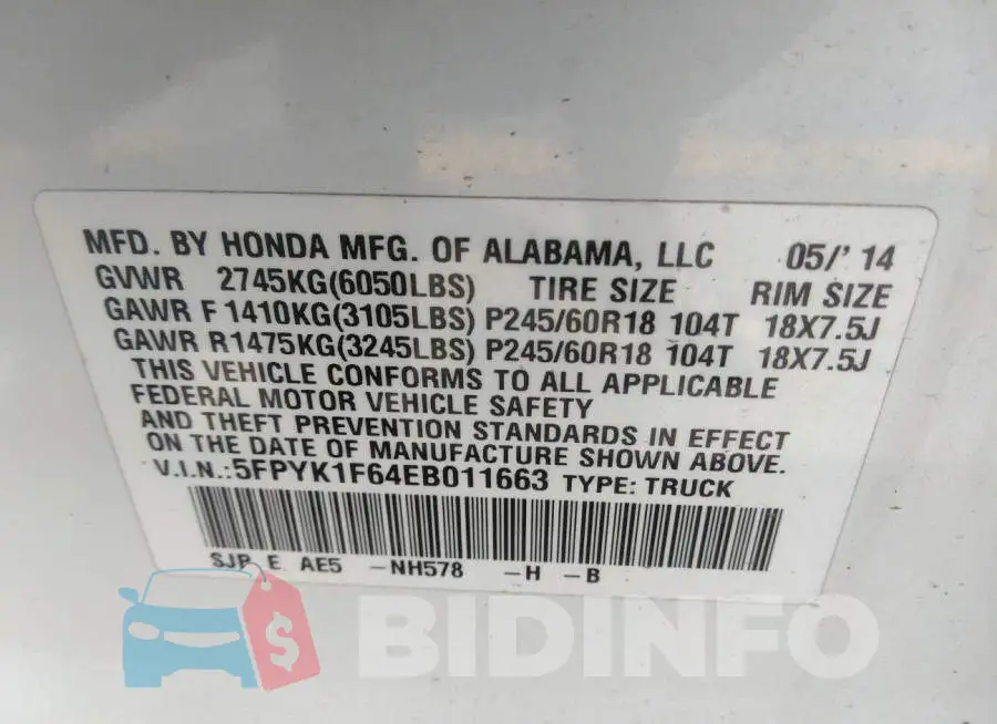 5FPYK1F64EB011663 Photo# 9