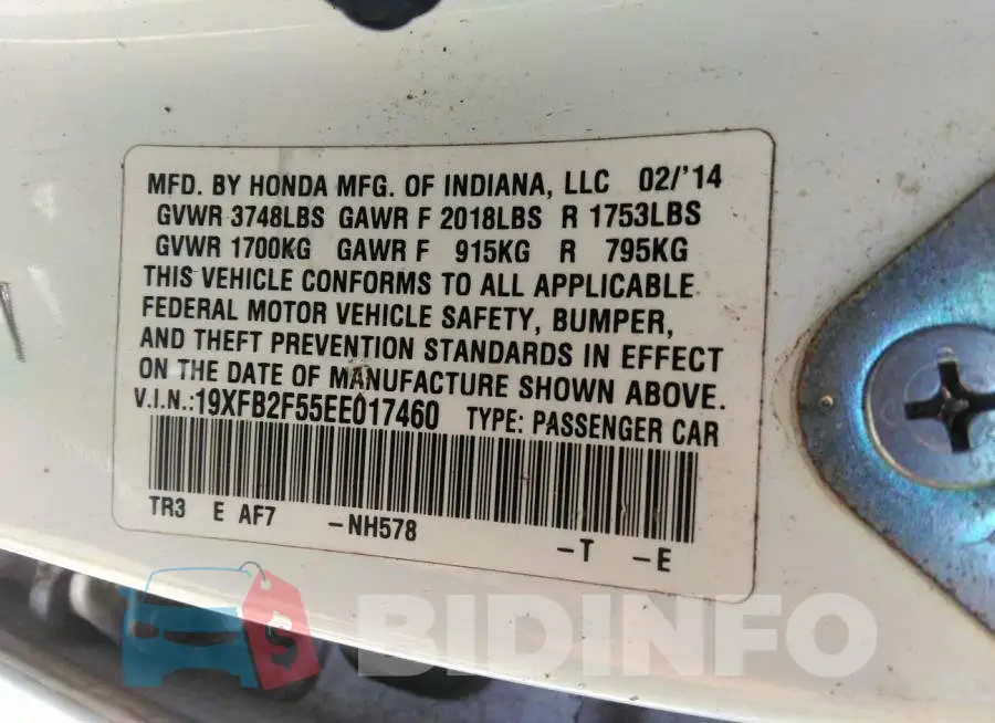 19XFB2F55EE017460 Photo# 9