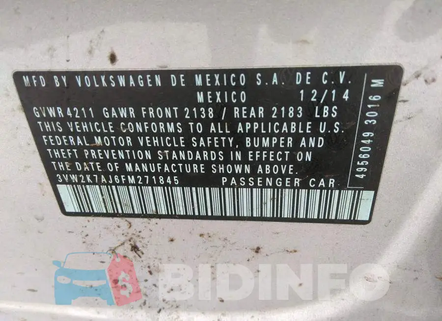 3VW2K7AJ6FM271845 Photo# 9