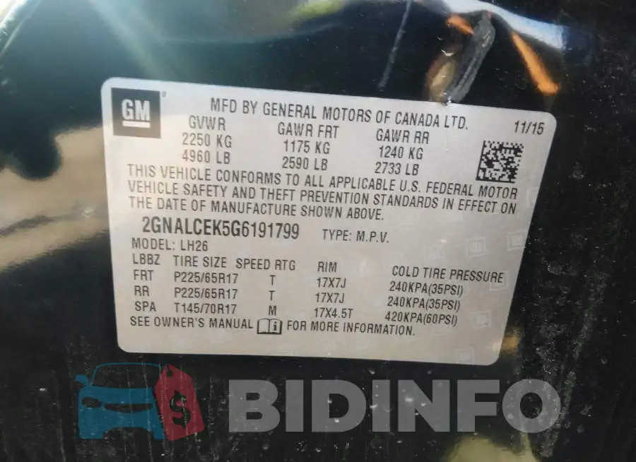 2GNALCEK5G6191799 Photo# 9