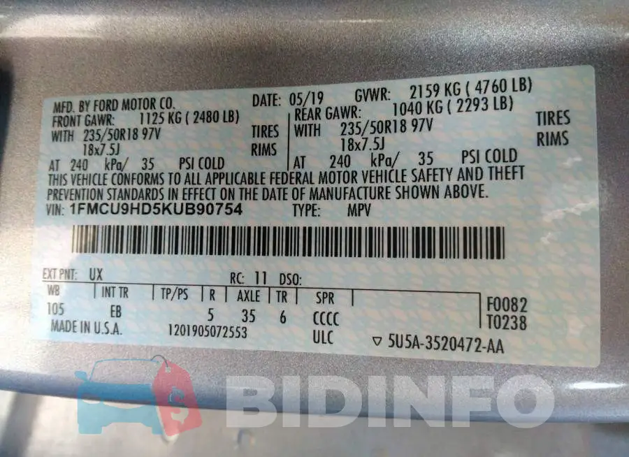 1FMCU9HD5KUB90754 Photo# 9
