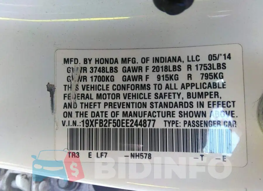 19XFB2F50EE244877 Photo# 9