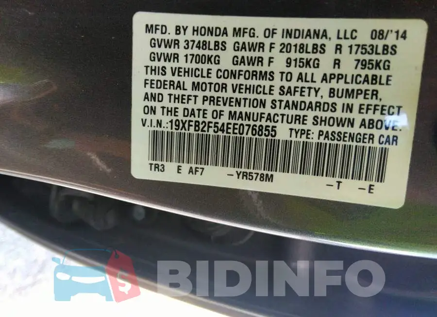 19XFB2F54EE076855 Photo# 9