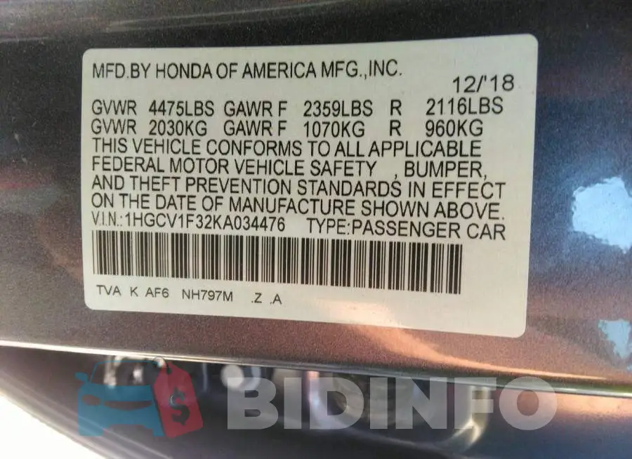1HGCV1F32KA034476 Photo# 9