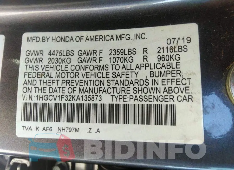 1HGCV1F32KA135873 Photo# 9