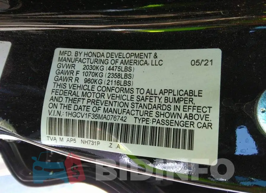 1HGCV1F35MA076742 Photo# 9