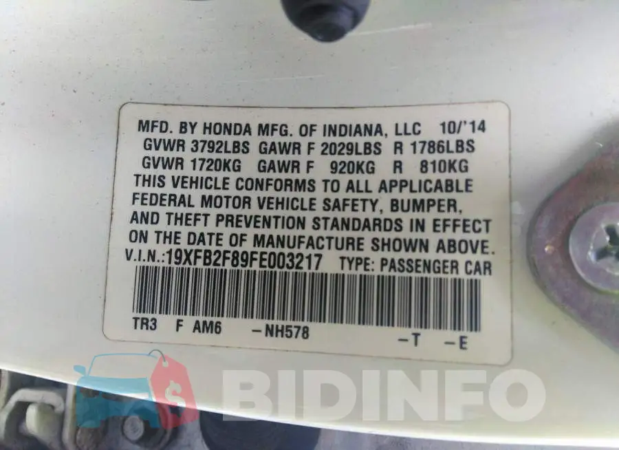 19XFB2F89FE003217 Photo# 9