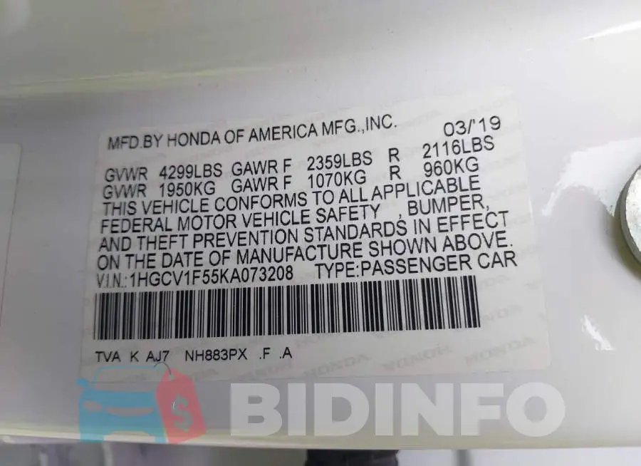 1HGCV1F55KA073208 Photo# 9