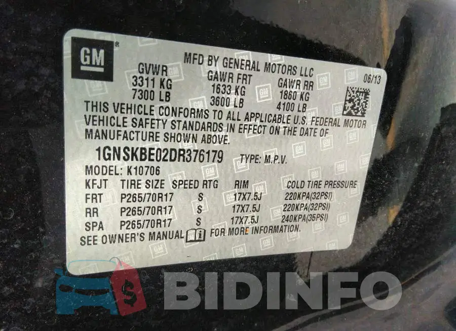 1GNSKBE02DR376179 Photo# 9