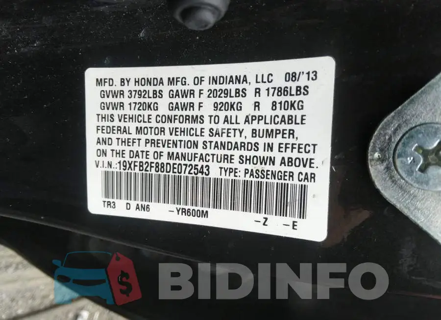 19XFB2F88DE072543 Photo# 9